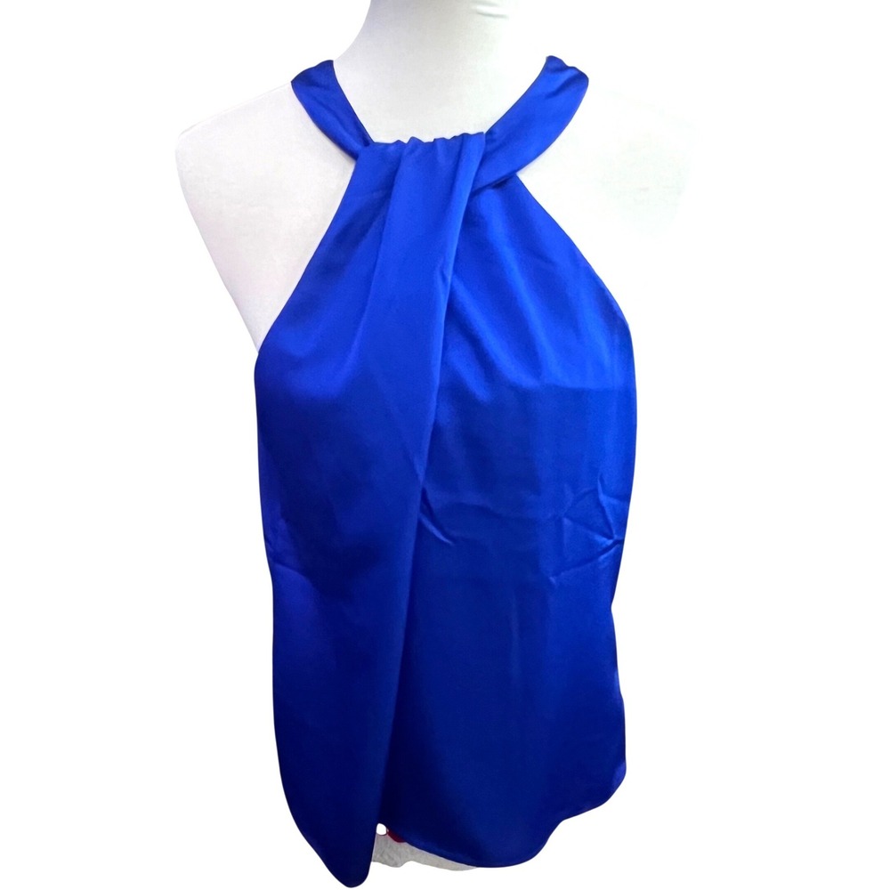 Pleione Womens Royal Blue Satin Halter Twist Neck Tie Back Blouse Night Out L